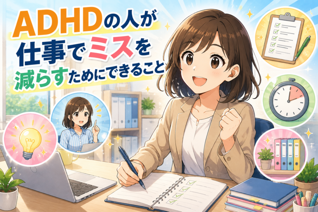 ADHDの人が仕事のミスを減らす工夫や対策を解説したアニメ風アイキャッチ画像