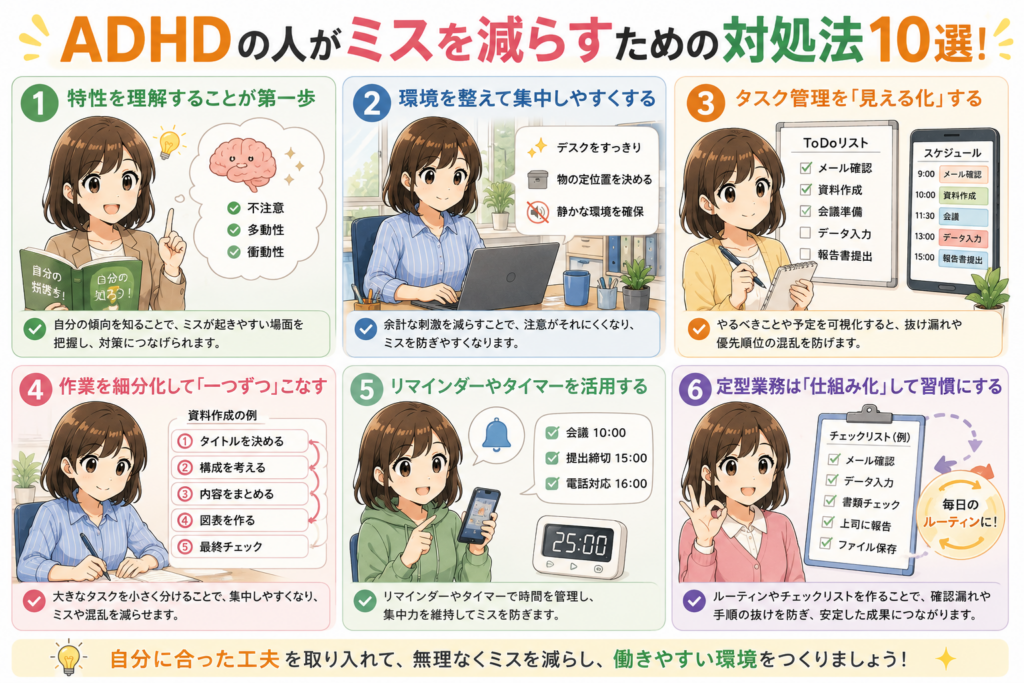 ADHDの人向けに仕事のミスを減らす対処法や工夫をまとめたアニメ風図解イラスト