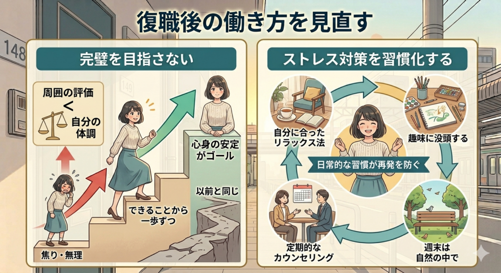 復職後の働き方を見直すための図解を分かりやすく解説しています。