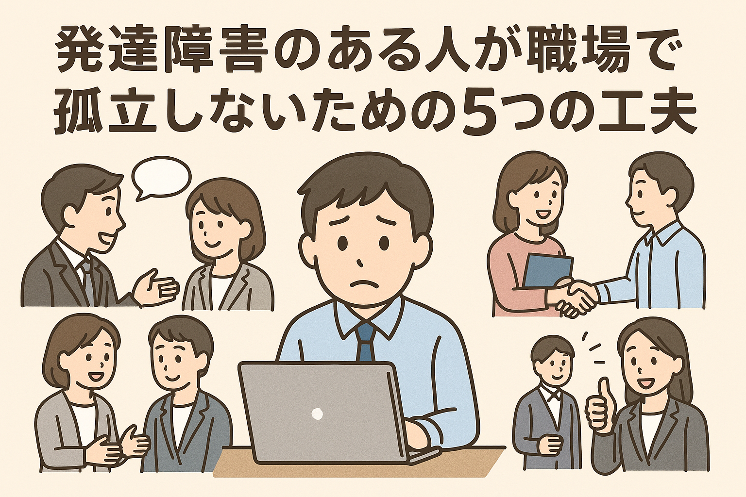 「発達障害のある人が職場で孤立しないための5つの工夫」をテーマにしたイラスト。中央に不安そうな表情の男性が座っており、その周囲で同僚たちが声をかけたり、資料を渡したり、握手や励ましのジェスチャーをするなど、職場での支援的な関わりを表現している