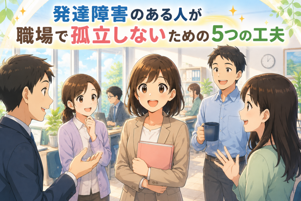 発達障害のある人が職場で孤立しないための工夫をテーマに、同僚と笑顔で会話する様子を描いた日本のアニメ風イラスト