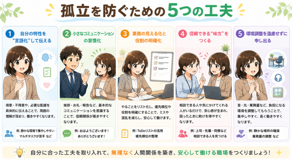 発達障害のある人が職場で孤立を防ぐための5つの工夫を、日本のアニメ風イラストで横長にまとめた図解。特性の言語化、コミュニケーション、業務の見える化、相談相手づくり、環境調整を紹介。