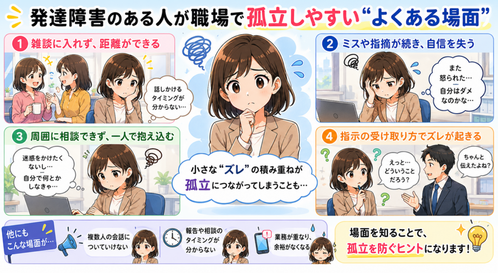 発達障害のある人が職場で孤立しやすい場面を、日本のアニメ風イラストで図解した画像。雑談に入れない、相談できない、ミスで自信を失うなどの悩みを表現。