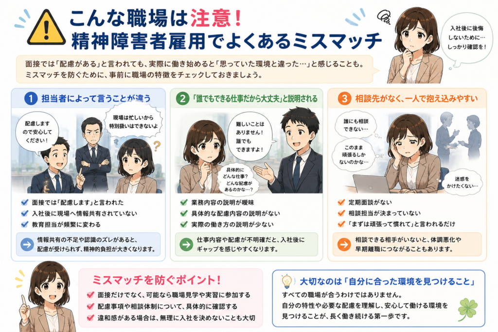 精神障害者雇用で起こりやすい職場のミスマッチを解説した日本アニメ風の図解。配慮不足や相談先がない職場の特徴を紹介。
