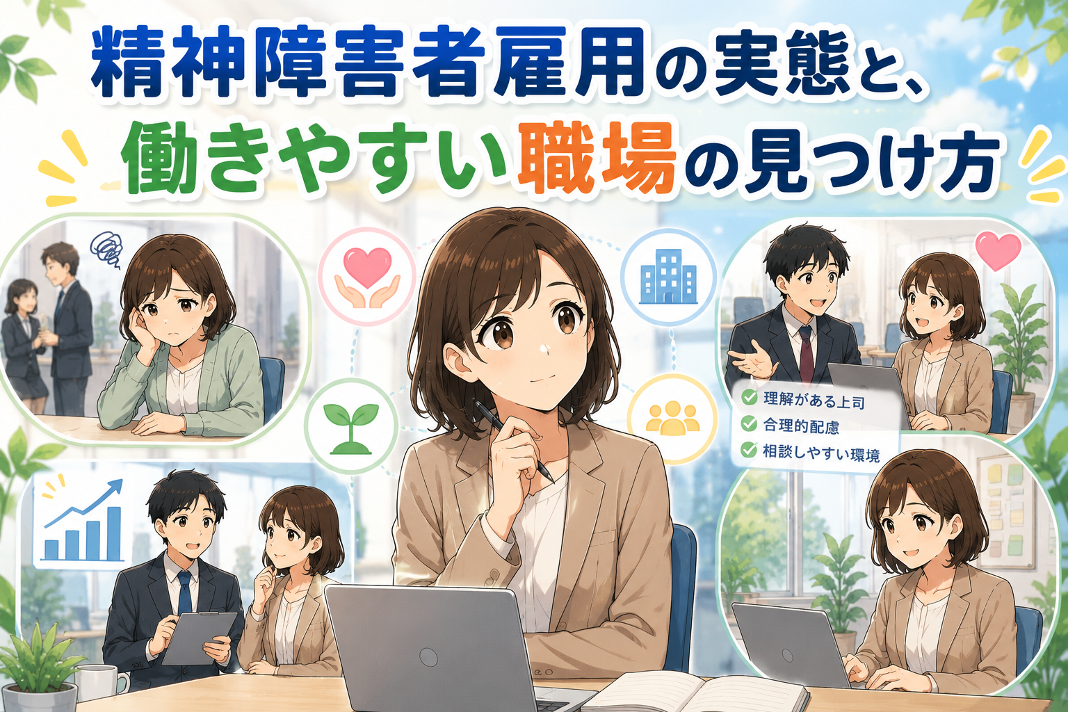 精神障害者雇用で働きやすい職場を探す様子を描いた日本アニメ風イラスト。合理的配慮や相談しやすい環境を表現。