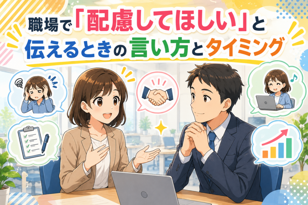 職場で「配慮してほしい」と伝える場面を、日本のアニメ風で描いたアイキャッチ画像。上司に相談する様子や、働きやすさにつながるイメージを明るく表現。