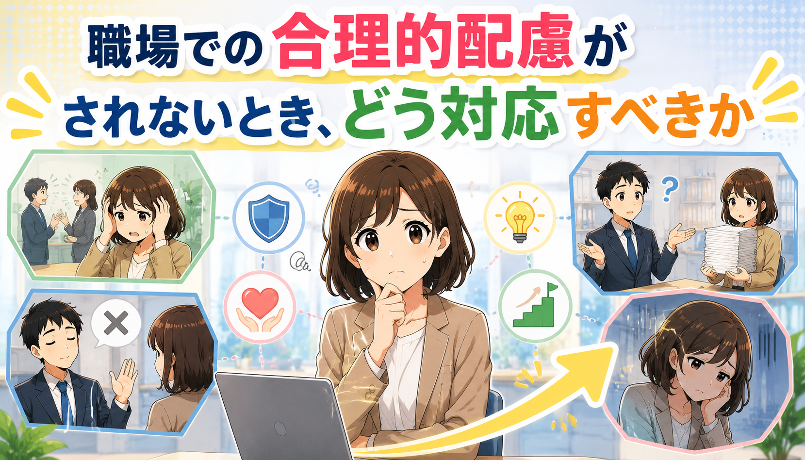 職場で合理的配慮がされず悩む発達障害・精神障害のある人を、日本のアニメ風イラストで表現したアイキャッチ画像