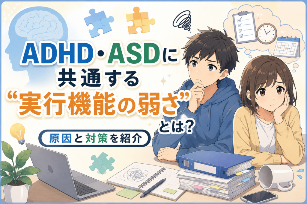 ADHD・ASDに共通する実行機能の弱さの原因と対策を紹介するアニメ風アイキャッチ画像