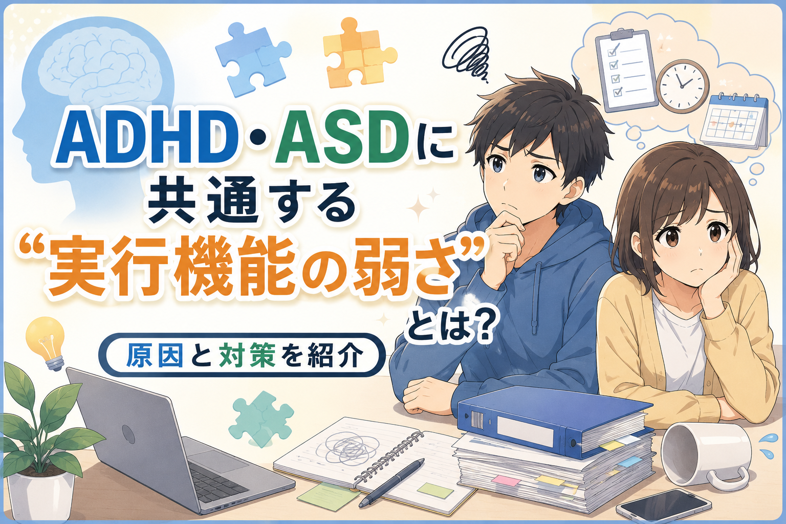 ADHD・ASDに共通する実行機能の弱さの原因と対策を紹介するアニメ風アイキャッチ画像