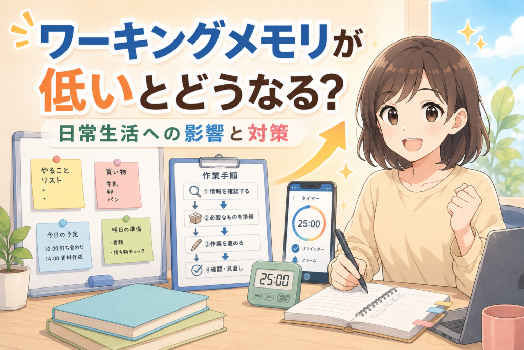ワーキングメモリが低い人の困りごとや対策を紹介するアニメ風アイキャッチ画像