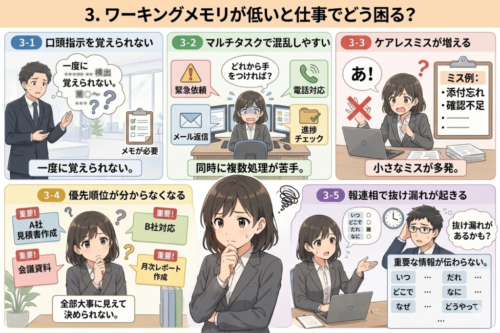 ワーキングメモリが低い人の仕事の困りごとを図解でまとめたアニメ風イラスト(口頭指示・マルチタスク・ケアレスミス・優先順位・報連相)