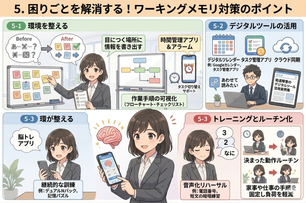 「環境を整える」「デジタルツールの活用」「トレーニングとルーチン化」という3つの主要な視点が、クローラーやスクリーンリーダーに明確に伝わるように整理しています。