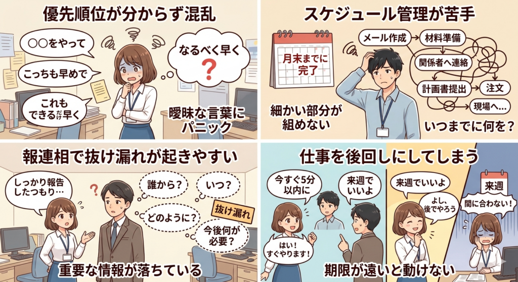 実行機能の弱さが原因で仕事がつらくなる4つの場面(優先順位の混乱、スケジュール管理、報連相の抜け漏れ、仕事の後回し)を解説した日本のアニメ風のイラスト。