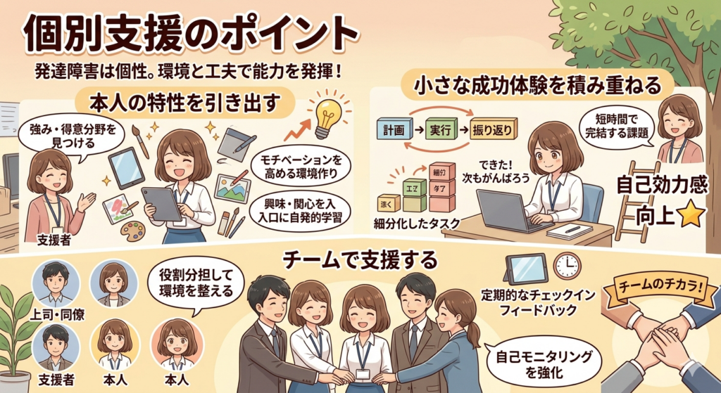 発達障害を持つ方への個別支援における3つのポイント(特性を引き出す、成功体験の積み重ね、チームでの支援)を、アニメ調のイラストで分かりやすく解説したインフォグラフィック。