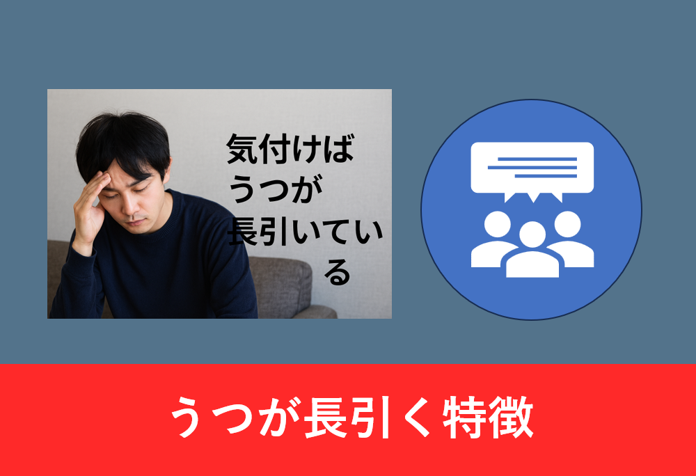 うつ病が長引いて悩む男性と「気付けばうつが長引いている」の文字