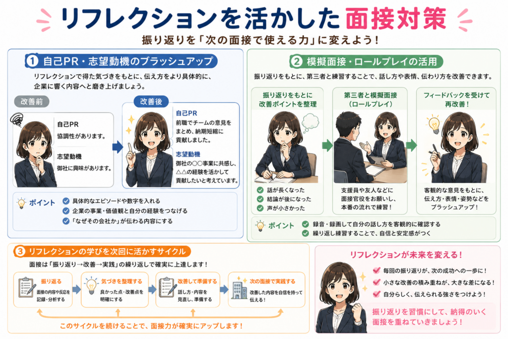 面接後の振り返りを次回の面接対策につなげる方法を、自己PR改善や模擬面接の流れとともにまとめた図解です。