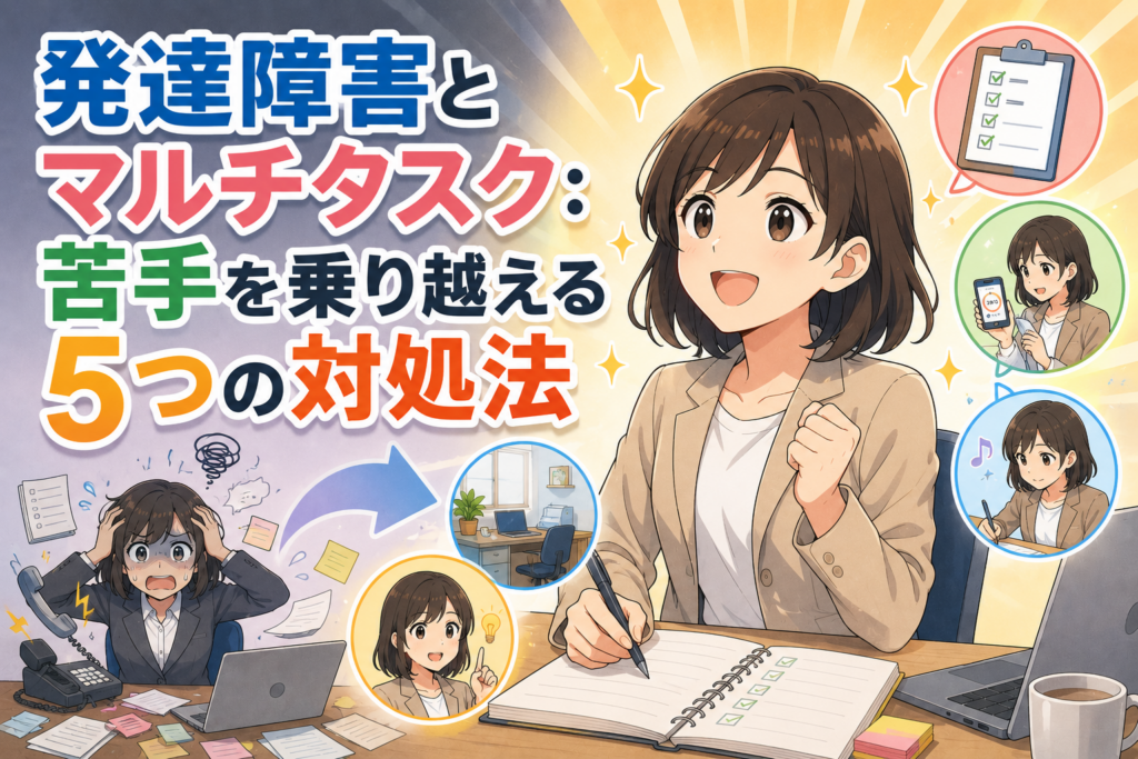 発達障害の人がマルチタスクの苦手を乗り越える対処法を解説したアニメ風アイキャッチ画像