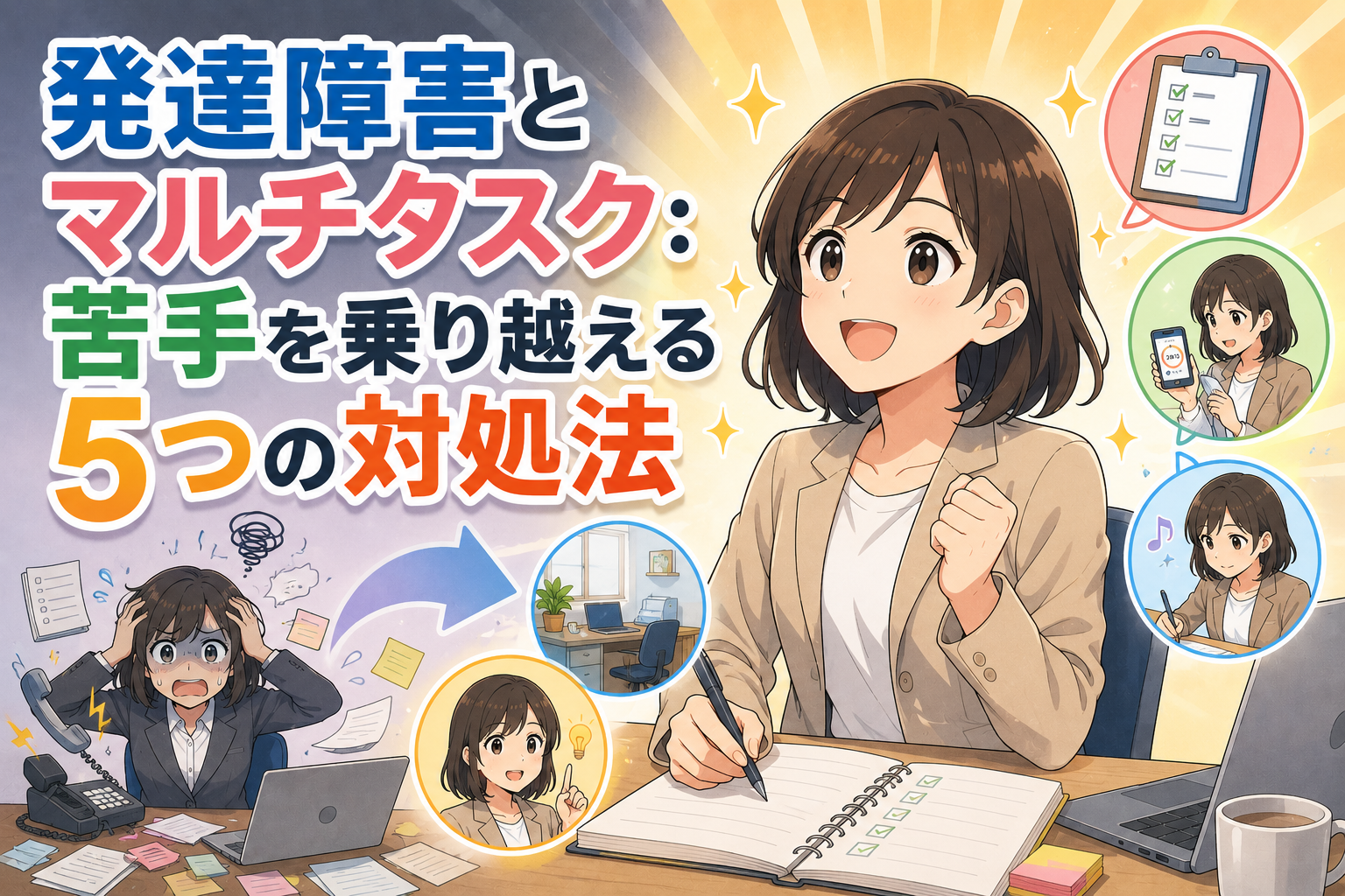 発達障害の人がマルチタスクの苦手を乗り越える対処法を解説したアニメ風アイキャッチ画像