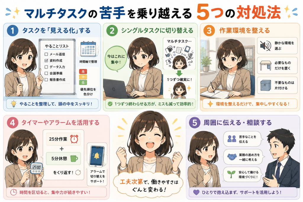 発達障害の人向けにマルチタスクの苦手を乗り越える5つの対処法を解説したアニメ風図解イラスト