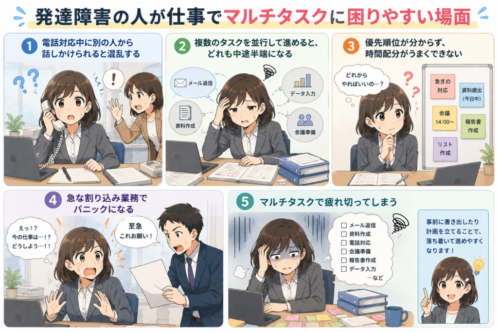 発達障害の人が仕事でマルチタスクに困りやすい場面や混乱しやすい状況をまとめたアニメ風図解イラスト