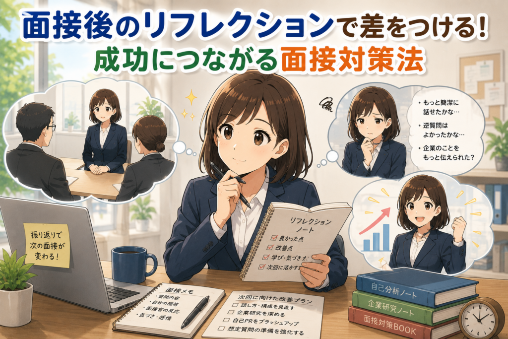 面接後にリフレクションノートを使って振り返りを行い、次回の面接対策につなげる様子を描いた日本のアニメ風アイキャッチ画像