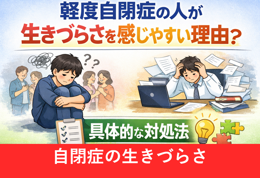 軽度自閉症の人が日常や職場で生きづらさを感じて悩んでいる様子と、具体的な対処法をイメージしたイラスト