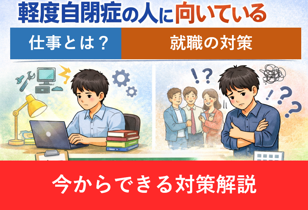 軽度自閉症の人が仕事で集中して働く場面と、人間関係で悩む場面を対比したイラスト