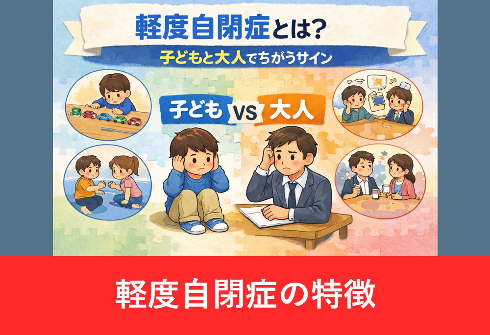 軽度自閉症とは何かを子どもと大人で比較して示したイラスト