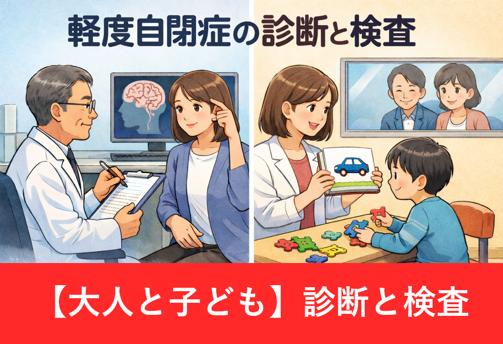 大人と子どもの軽度自閉症（ASD）の診断風景を並べて描いたイラスト
