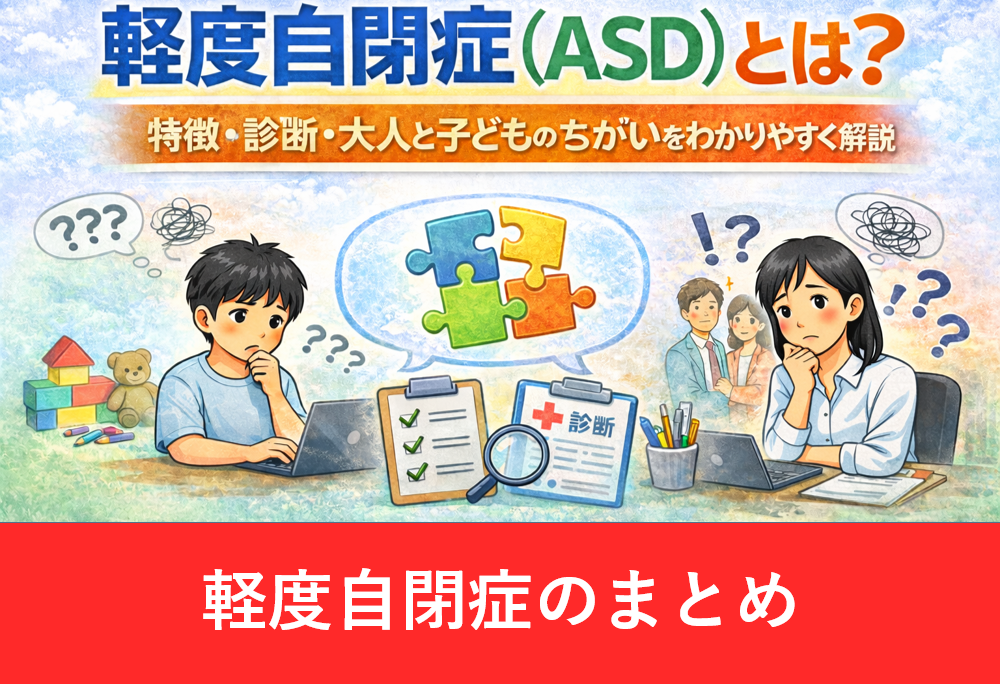 軽度自閉症（ASD）の特徴や診断、大人と子どものちがいを女性と子どものイラストで表現した画像
