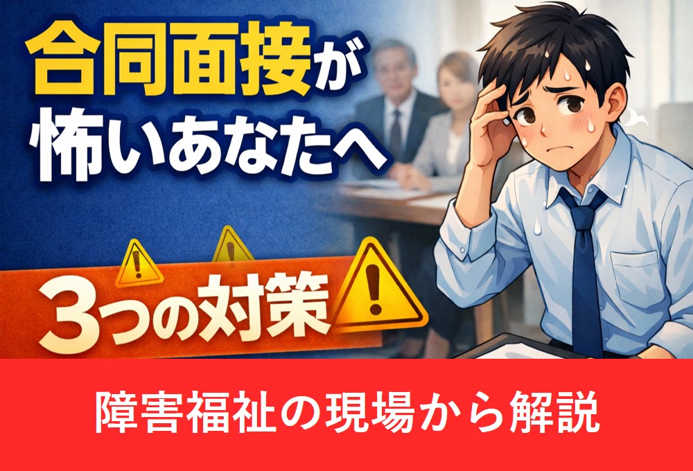 合同面接で緊張し不安そうな男性と「合同面接が怖いあなたへ 3つの対策」と書かれたアイキャッチ画像
