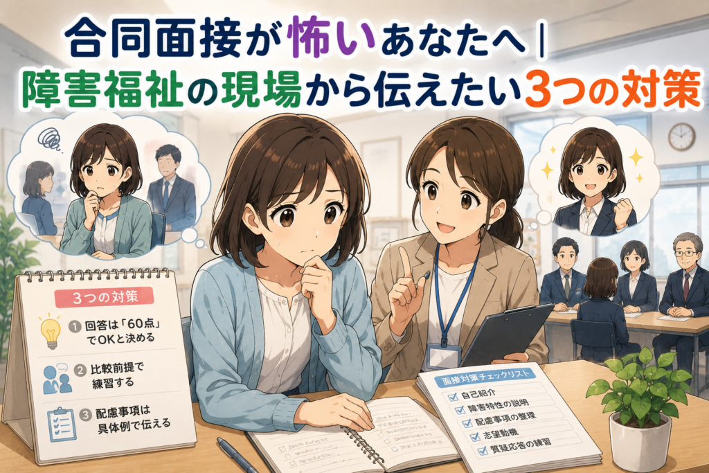 合同面接に不安を感じる障害者雇用の求職者を描いた日本アニメ風イラスト