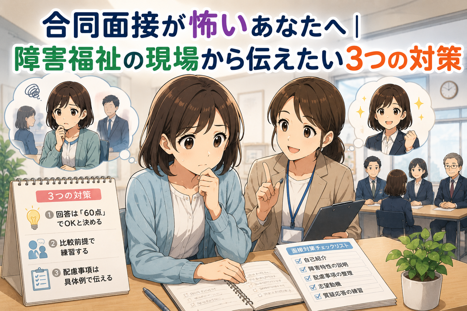 合同面接に不安を感じる障害者雇用の求職者を描いた日本アニメ風イラスト