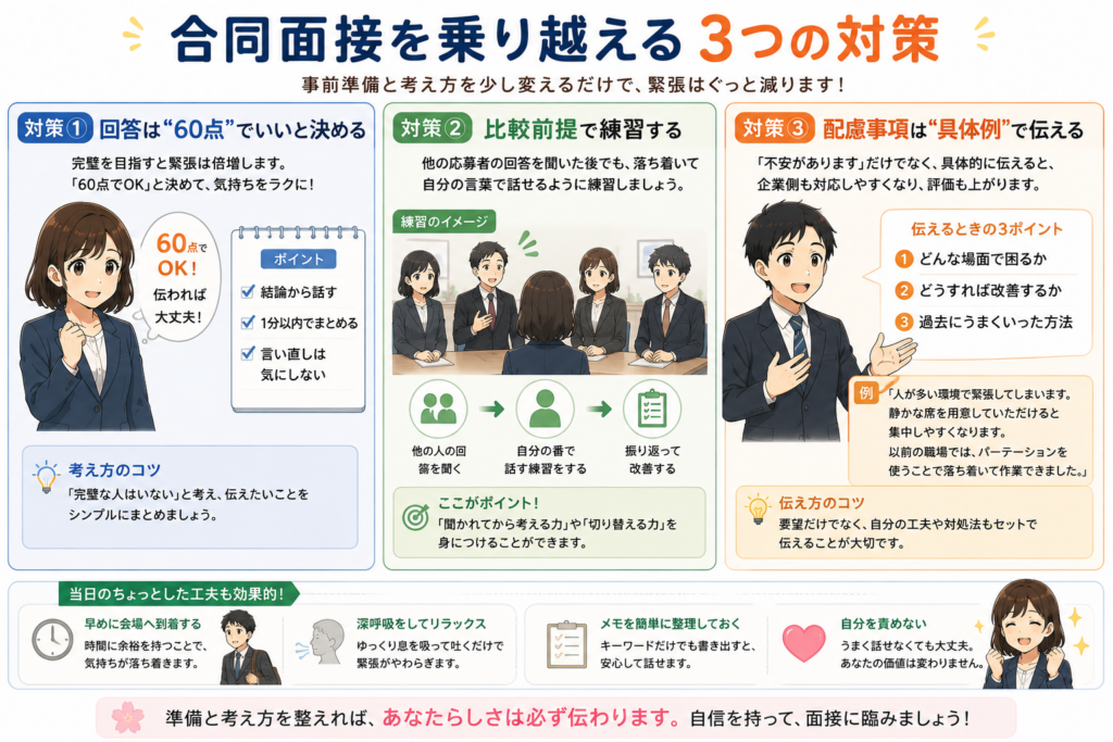 合同面接で緊張しやすい発達障害・精神障害の方向けに、60点思考・比較練習・配慮事項の伝え方を解説した日本のアニメ風図解
