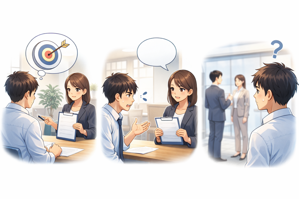 就労移行支援事業所で支援員と面談し、目標設定や不安の相談をする利用者の様子を描いたイラスト