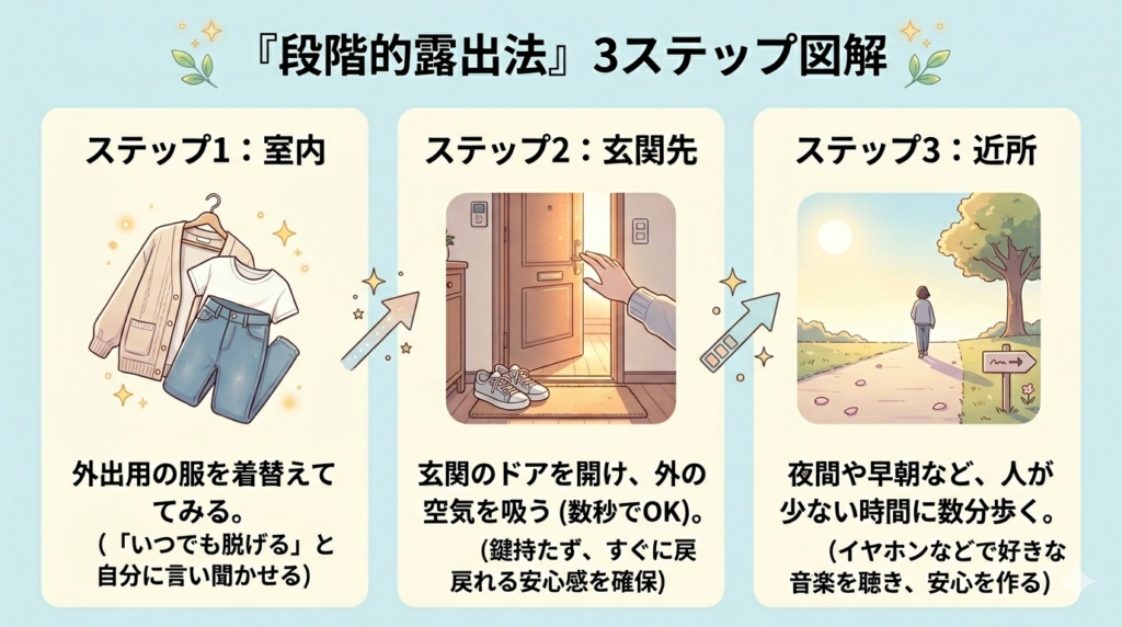 外出不安を和らげる「段階的露出法」3ステップ図解。