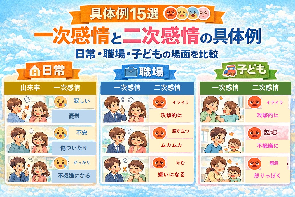 一次感情と二次感情の具体例15選を、日常・職場・子どもの場面でまとめた図解