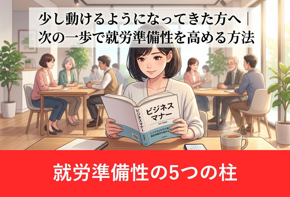 就労移行支援でビジネスマナーを学ぶ女性のアニメイラスト。就労準備性の向上。