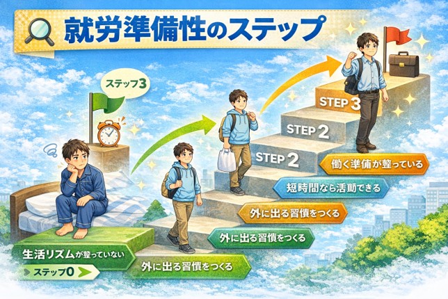 就労準備性のステップを示した図で生活リズム未整備から就職準備までの流れを解説