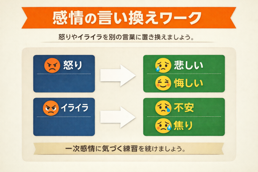 怒りやイライラを悲しみや不安などの一次感情に言い換えるトレーニング図解
