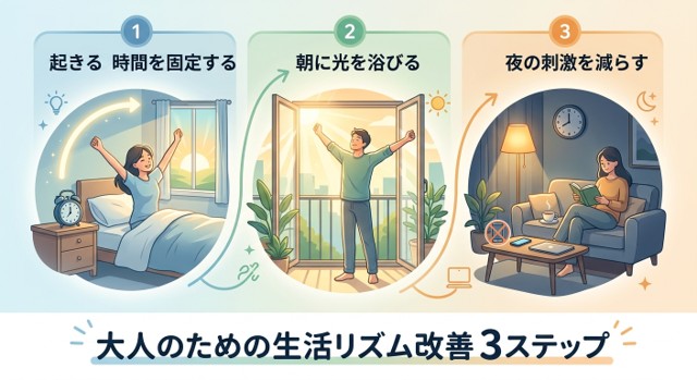 大人のための生活リズム改善3ステップを示すインフォグラフィック。