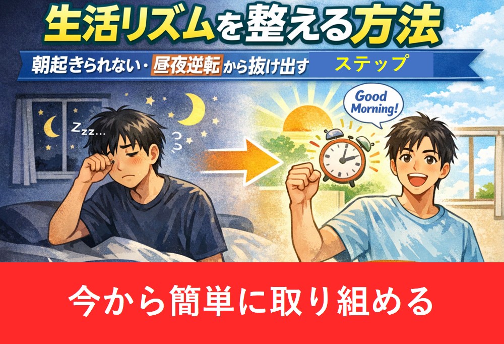 生活リズムを整える方法として昼夜逆転から朝型生活へ改善するイメージ画像
