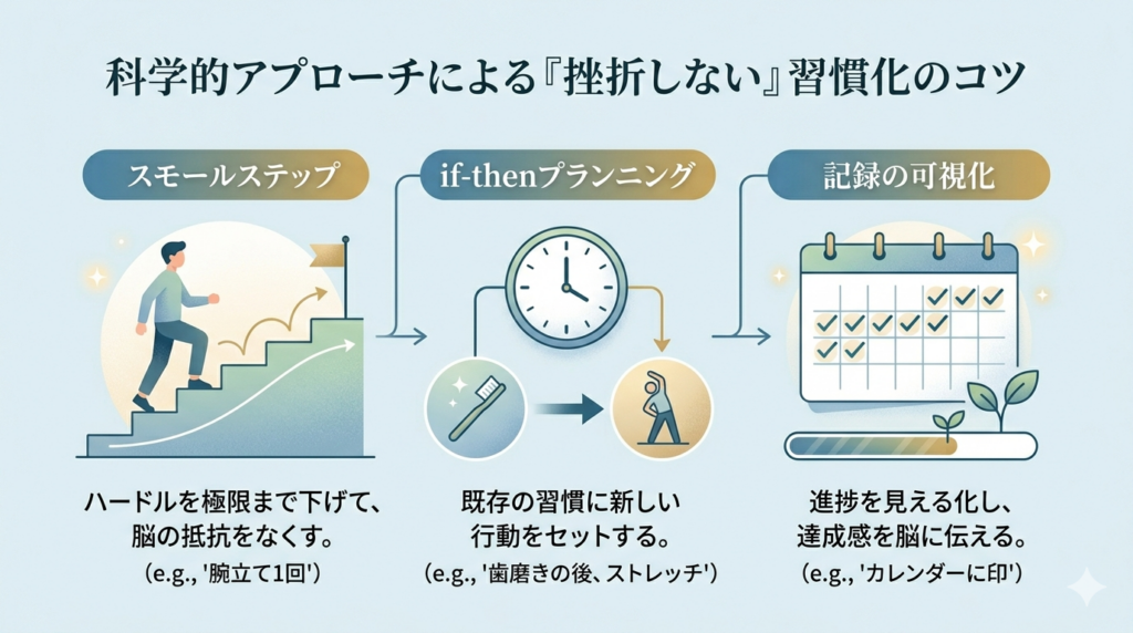「スモールステップ」「if-thenプランニング」「記録の可視化」という3つの習慣化メソッドを、イラストと簡潔な説明で図解したインフォグラフィック。