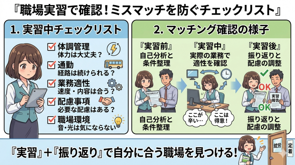「職場実習で確認！ミスマッチを防ぐチェックリスト」と題されたアニメ風イラスト。