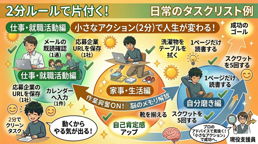 「2分ルール」を活用した日常のタスクリスト例（仕事・生活・自分磨き）と、脳の仕組みを解説したアニメ風インフォグラフィック。
