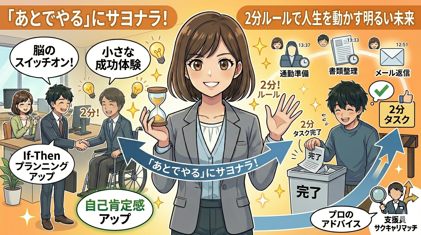 「あとでやる」を克服する「2分ルール」の効果を描いた、明るいアニメ風図解アイキャッチ。