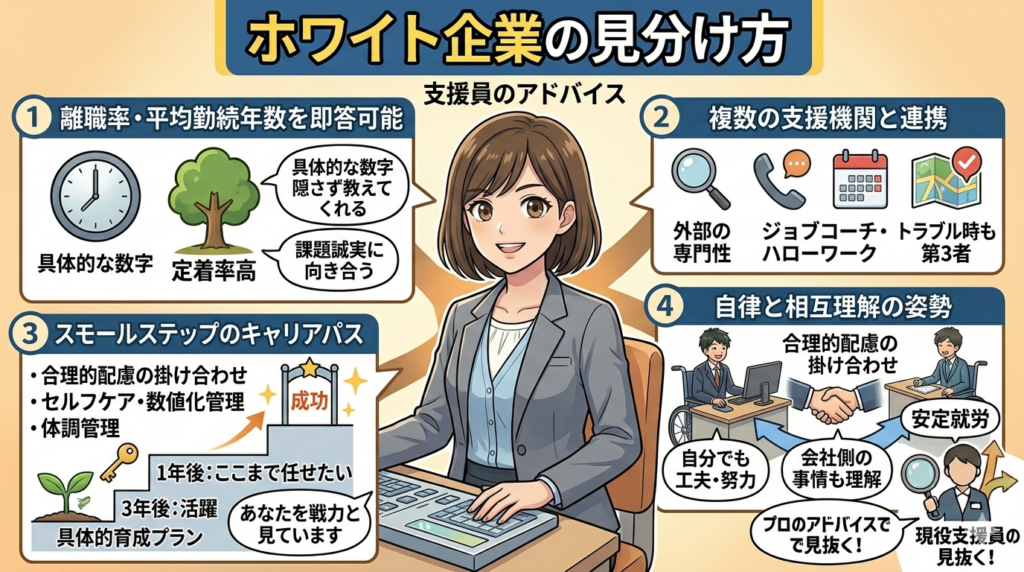 ホワイト企業を見分けるチェックポイントを描いたロジカルなアニメ風図解。