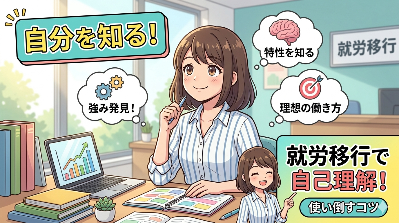 デスクで「自分を知る」ためのノートを開き、晴れやかな表情で未来を描く20代女性のアニメ風イラスト。「強み発見!」「特性を知る」「理想の働き方」の吹き出しと、手前の小さな女性が「就労移行で自己理解!」「使い倒すコツ」を指差している。