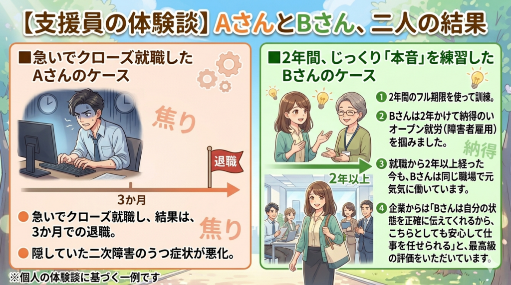 就労移行支援の事例比較図解。焦ってクローズ就職し3ヶ月で退職したAさんと、2年間じっくり本音を練習してオープン就労で2年以上継続しているBさんの対照的な結果を描いたアニメ風イラスト。