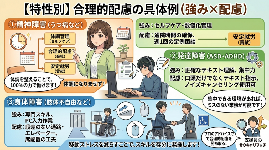精神障害、発達障害、身体障害それぞれの強みと、必要な合理的配慮（合理的配慮を伝える失敗例と成功例）を掛け合わせる、ロジカルなアニメ風図解アイキャッチ。